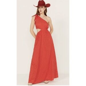 Show Me Your Mumu Maxi Dress Womens Medium Red Eyelet One Shoulder Cutout Tie